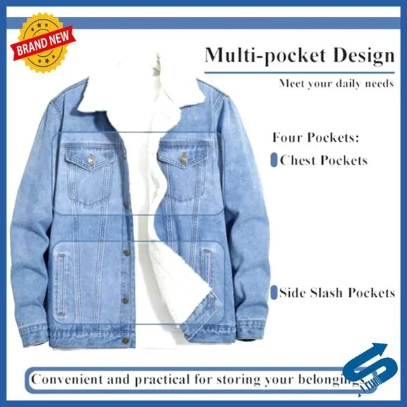 Men's Slim Fit Denim Jacket with Multiple Pockets, Machine Washable